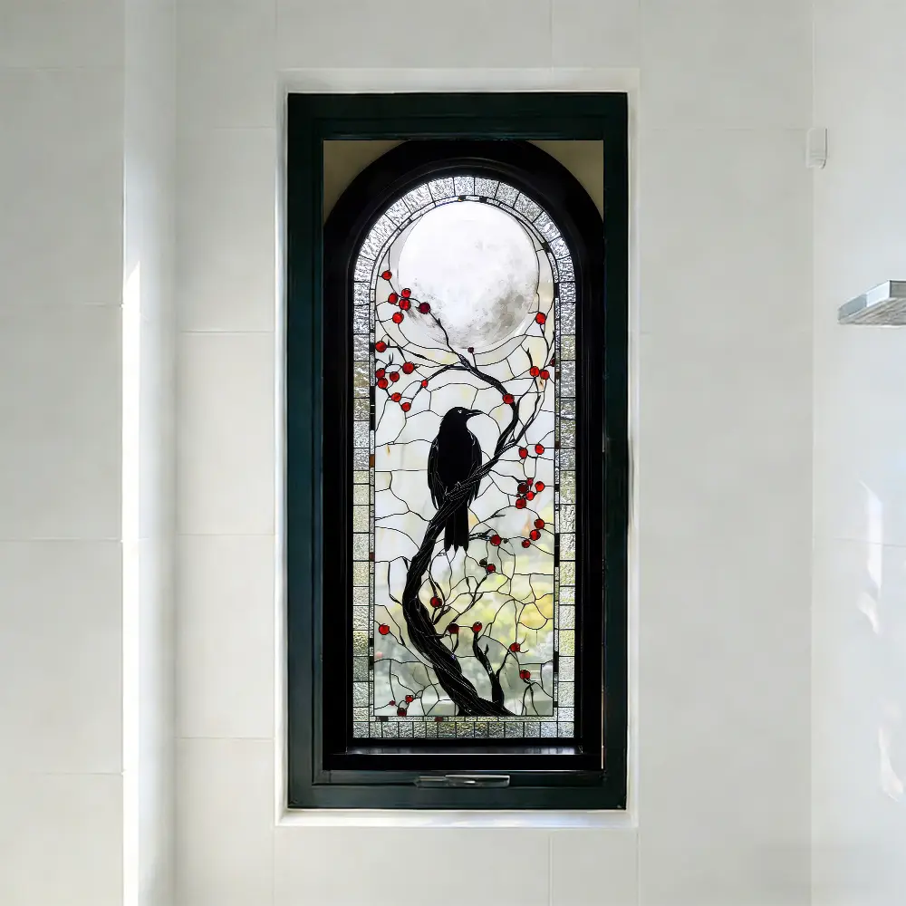 2D Flat  Static Cling No-Glue Glass Sticker  Creative Colorful Window Decal for Living Room And Dining Room Decoration, Self-Adhesive Window Flower with Crow, Branches, And Moon Pattern, Removable And Reusable Window Sticker