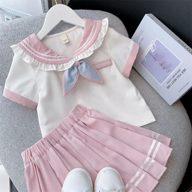 Summer Children Girls Student Uniform Set JK Mandarin Collar Tshirts and Pleated Skirts 2 Pieces Suit Kid Top Bottom Clothes
