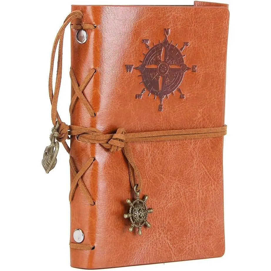 Leather Journal - 5" Refillable Coffee Brown Writing Notebook with Nautical Anchor & Rudder Pendants - Small Spiral Blank Sketchbook for Travel, Poetry & Diary - Classic Embossed Art Journal