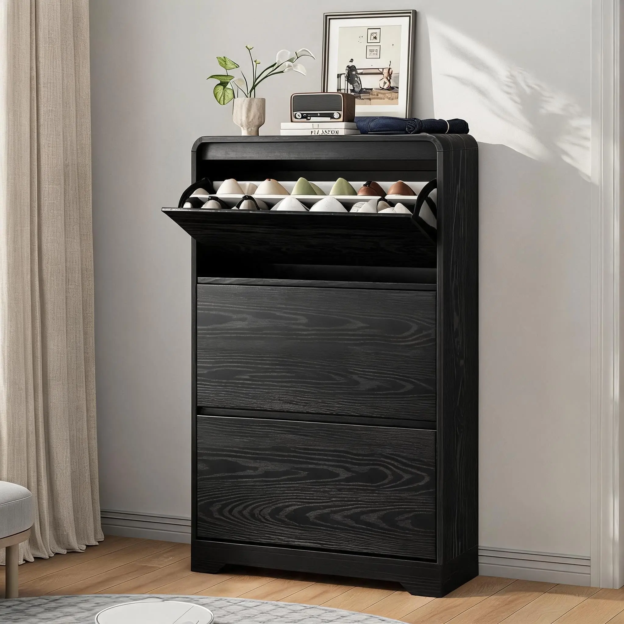 Space-Saving Slim Shoe Cabinet for Entryway – Hidden Storage Organizer with Turn over Down Doors – Adjustable Shelves – Modern Freestanding Shoe Rack for Hallway or Mudroom