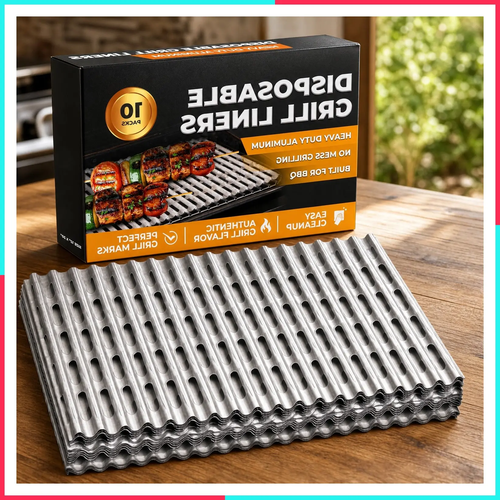Disposable Heavy-Duty Aluminum Grill Liners & Toppers, Tear & Heat Resistant BBQ Foil Sheets for Public Park Grills, Outdoor BBQ, Camping & Tailgating, 12 x 20 Inch, 10 Pack