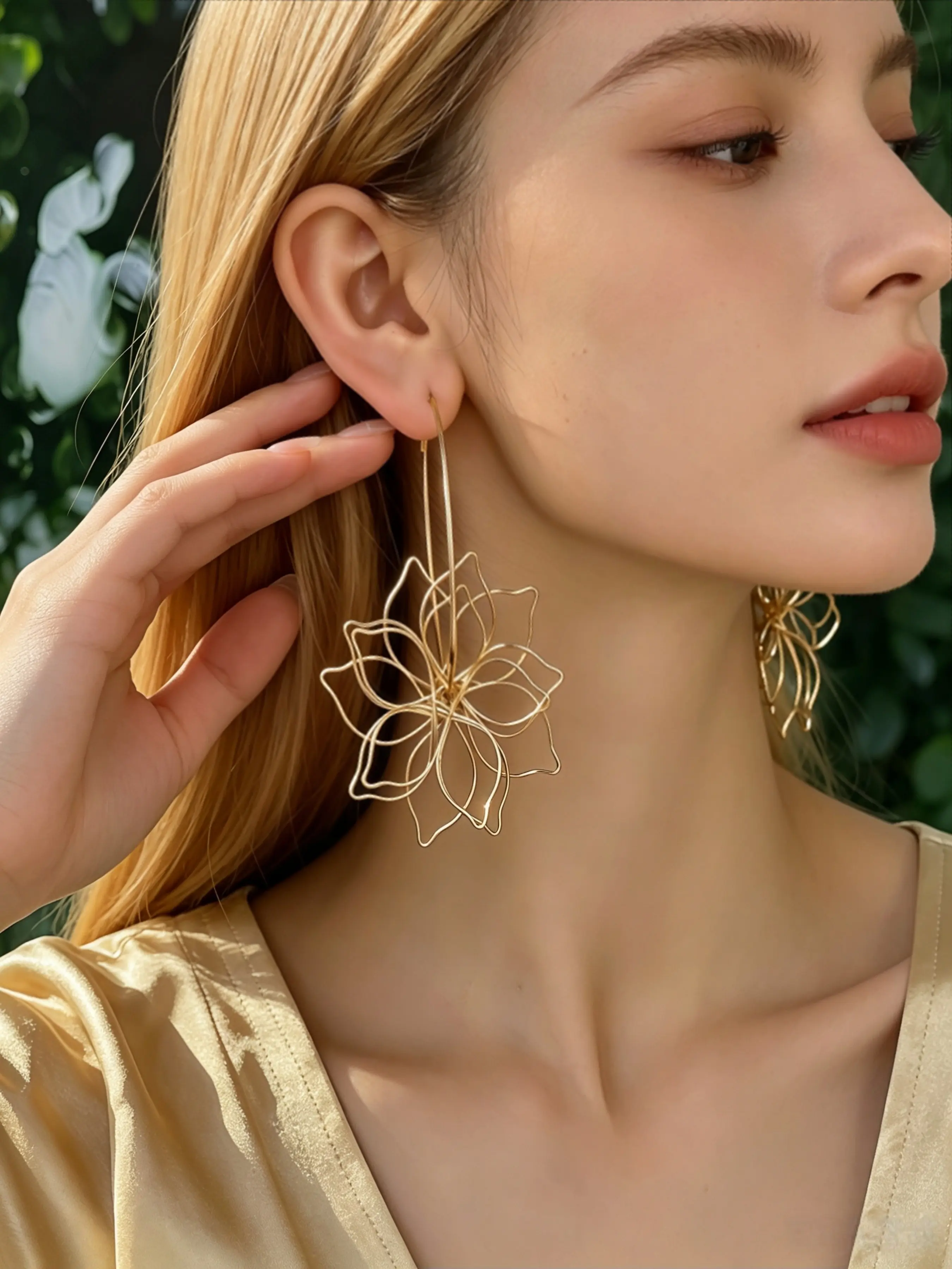 Women's Handmade Floral Dangle Earrings, 3D Multi-Layer Metal Flower Long Ear Jewelry, C-Clamp Design, Perfect for Weddings and Parties