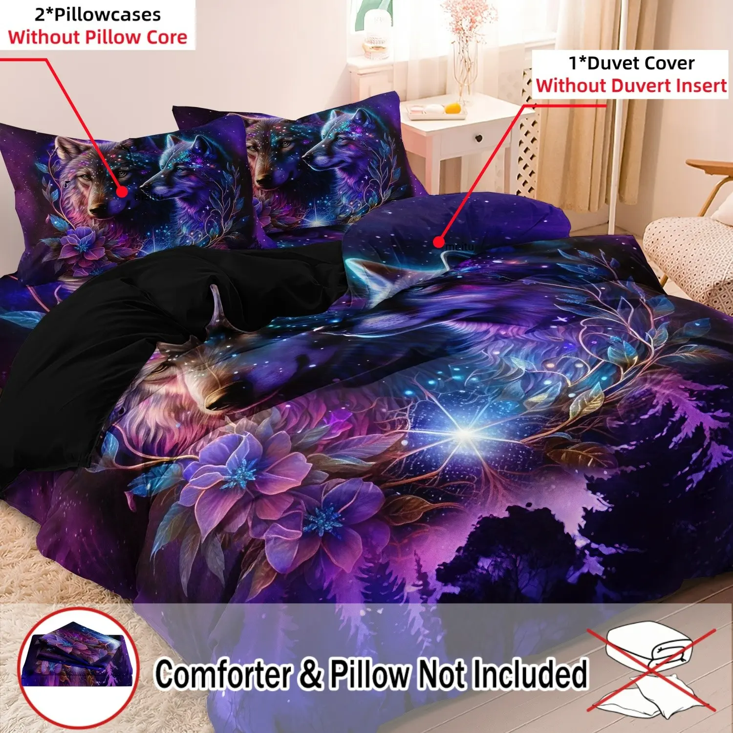 Fantasy Starry Forest Wolves Print Duvet Cover Set, Patterned Bedding Set, 3 Pieces Purple Galaxy Wild Wolf Woodland Pattern Bedding, Machine Washable Soft Breathable Bedding Linen (1 Duvet Cover + 2 Pillowcases, No Comforter No Pillow)