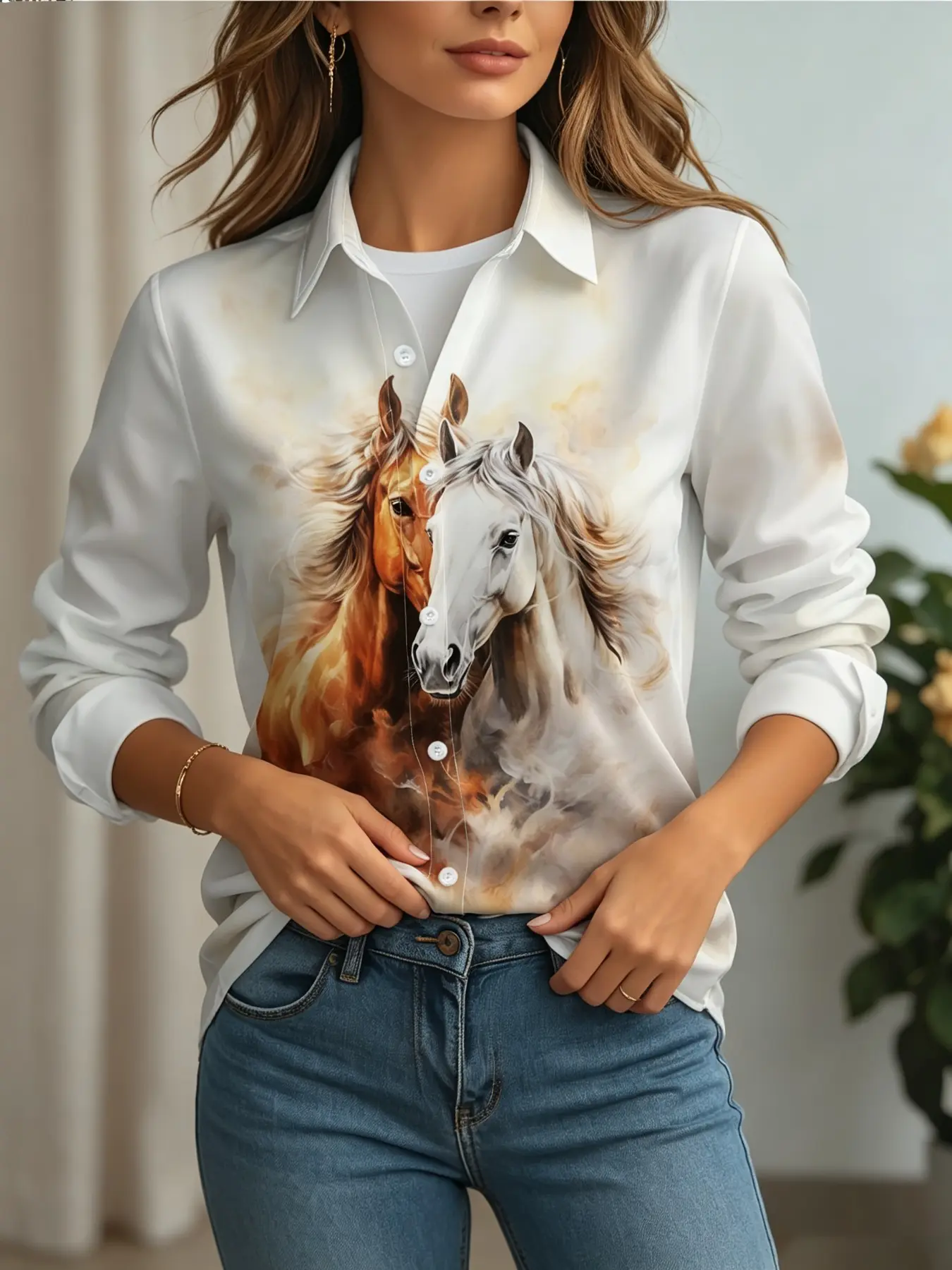 New Women's Base Ink Wash Dual Horse Print Satin Blouse, Oil Painting Horse Collar Drop Shoulder Loose Fit Long Sleeve Shirt