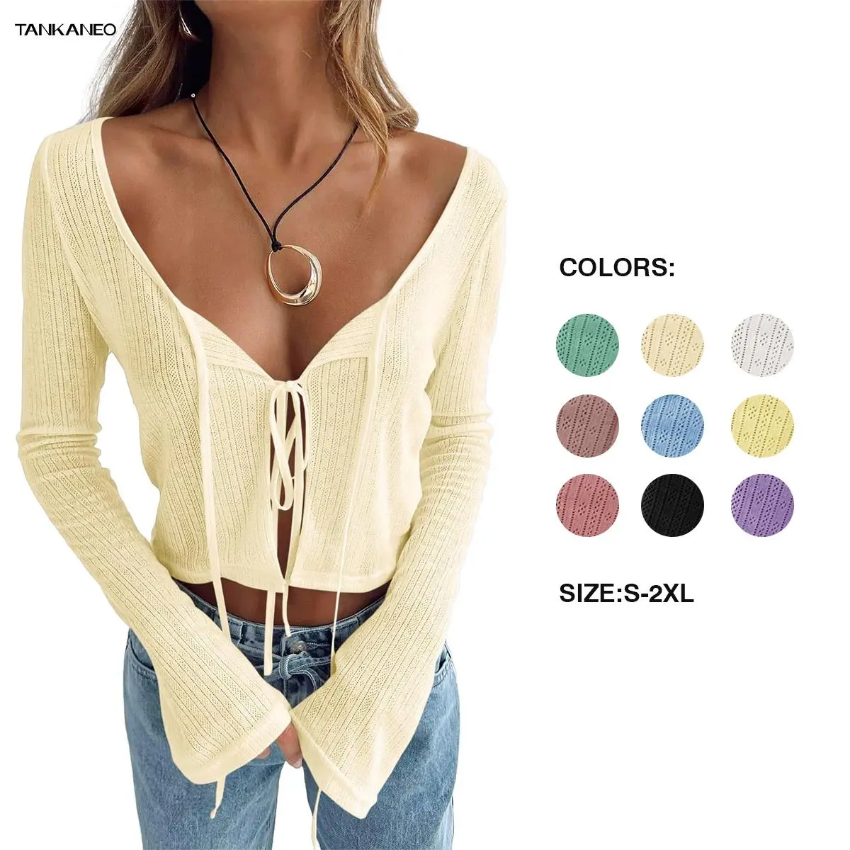 Tankaneo Women's Tie Front Crop Tops Bell Sleeve Scoop Neck Long Sleeve Blouses Crochet Sheer Knit Shrug Shirts