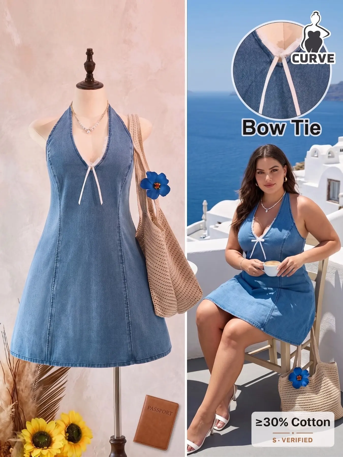 Plus Size Halter Neck Lace Trim Light Wash Denim Dress for Summer, Stylish and Comfortable, Perfect for Casual Wear, Ideal for Warm Weather