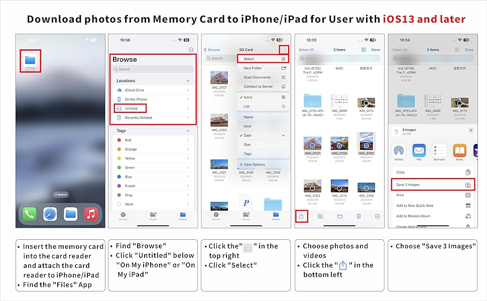 SD Card Reader for iPhone, Memory Card Reader with USB Camera Adapter Plug and Play Trail Game Camera Viewer Supports SD and TF Card MicroSD Card Adapter for iPad No App Required