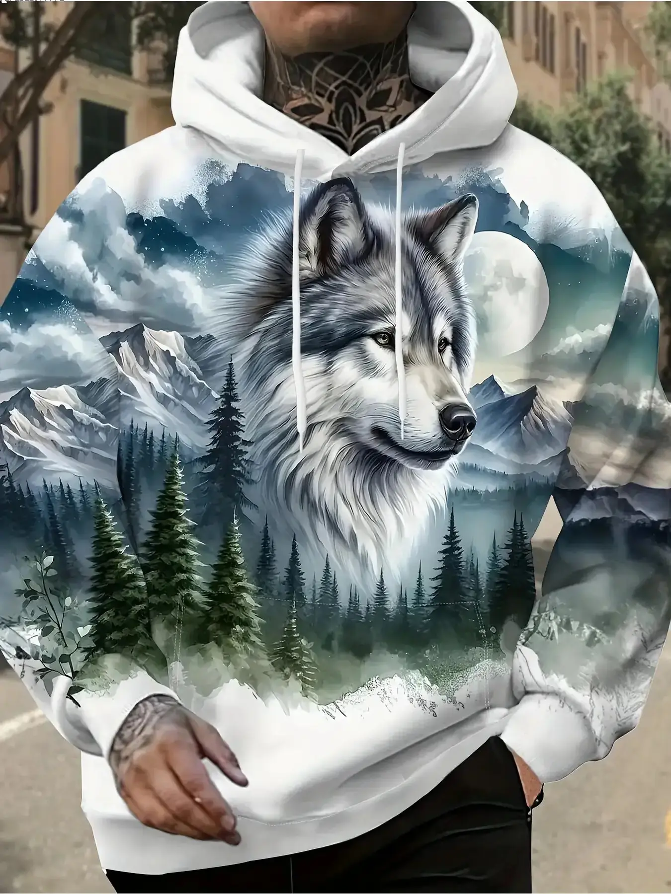The Men'S White Hooded Sweatshirt Features A Wolf And Mountain Design And Is A Heavyweight Casual Pullover With Wolf Print Long Sleeved Winter Jacket, Suitable For Casual Wear In Men'S Clothing And Men'S Sportswear