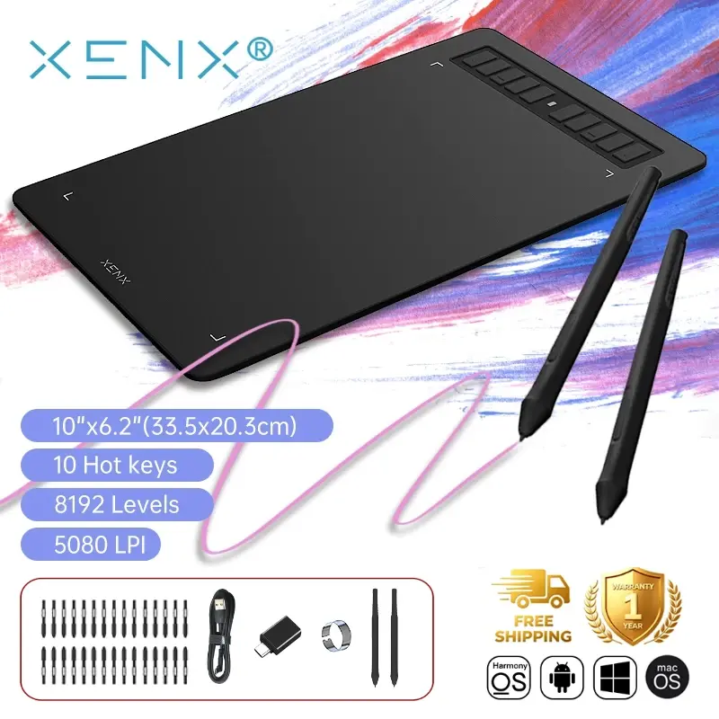 XENX P3-1060 Digital Stylus Writing Tablet - 10x6.22in Black Green Large Device with 10 Hot Keys, Battery-Free Passive Digital Stylus, 8192 Levels Pressure, Wired USB, Compatible with Mac, Windows PC, Android for Art Creation, Sketching
