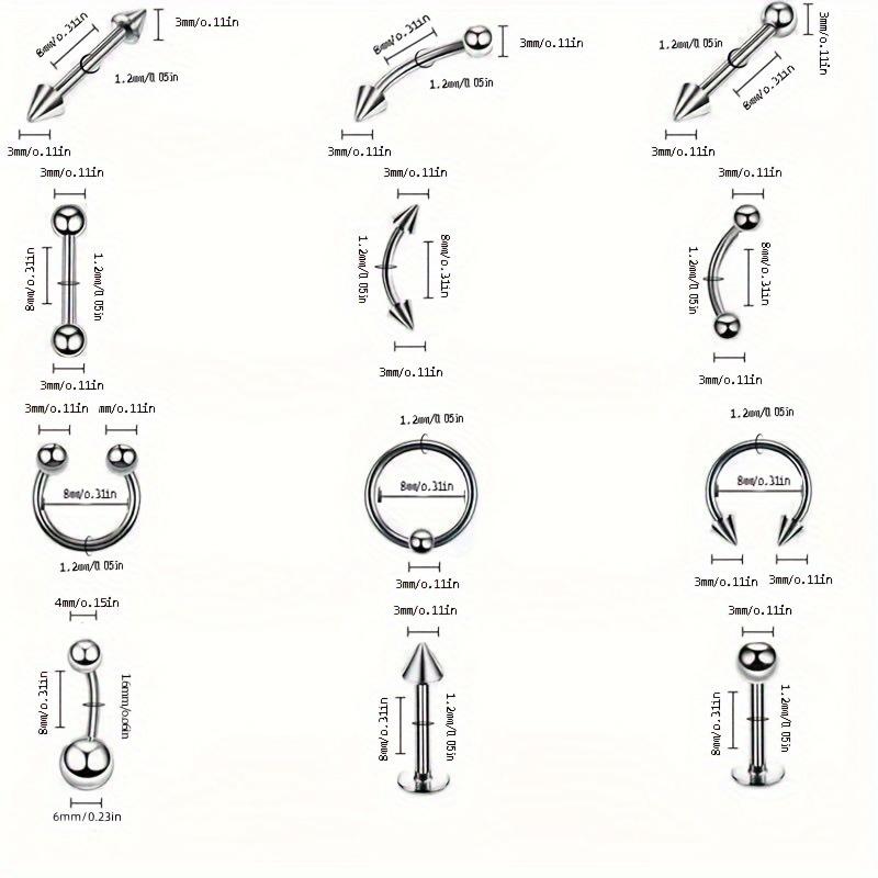 170PCS Classic Eyebrow Nail, Nose Ring, Nose Nail, Tongue Nail, Navel Nail, Eyebrow Puncture Nail Set Stainless Steel Mixed Nose Ring Nose Stud Jewelry Piercing Set Body Piercing Jewelry