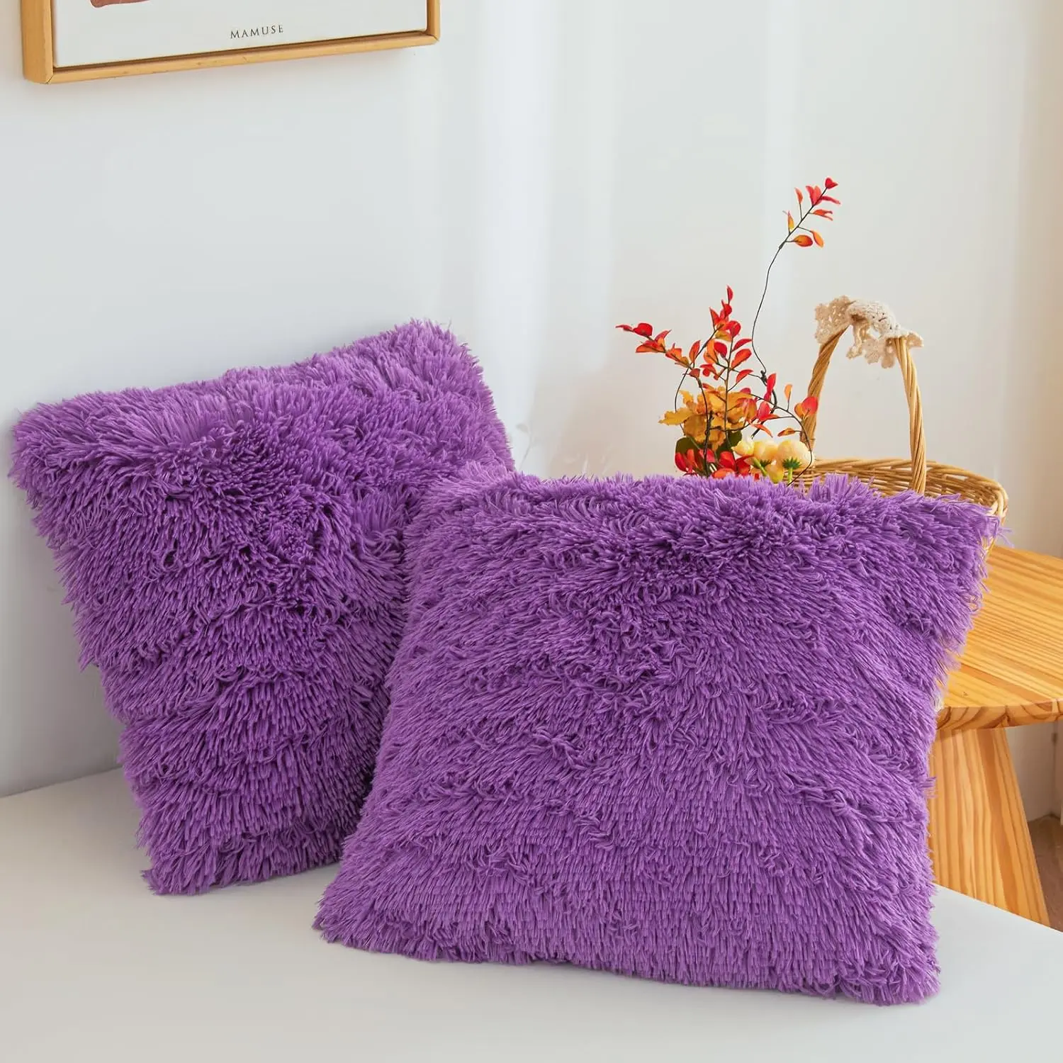 Throw Pillow Covers 18"x18", Soft Decorative Fuzzy Plush  Pillow Cases, Furry Shaggy Faux  Cushion Covers for Sofa, Bed, and Living Room Decor, Set of 2 with Zipper