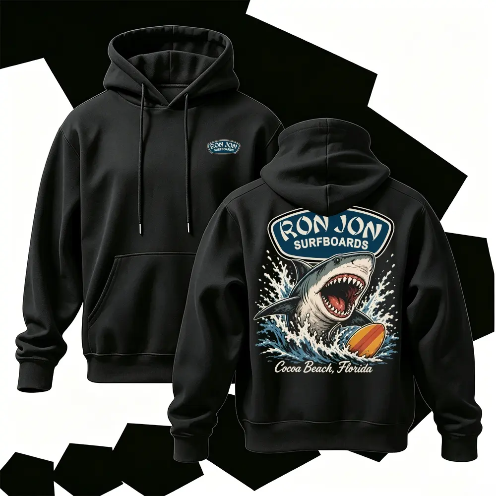 Men's Vintage Shark Graphic Hoodie, Surf Style Pullover Sweatshirt, Ocean Wave Streetwear Casual Hoodie