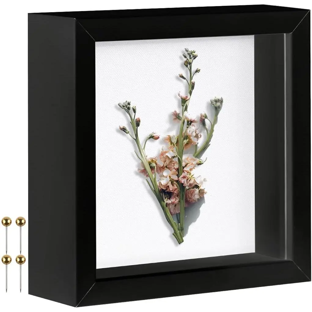 Black 5x5 Shadow Box Display Frame,  Linen Backboard and Included Pushpins, Plexiglass Memory Box