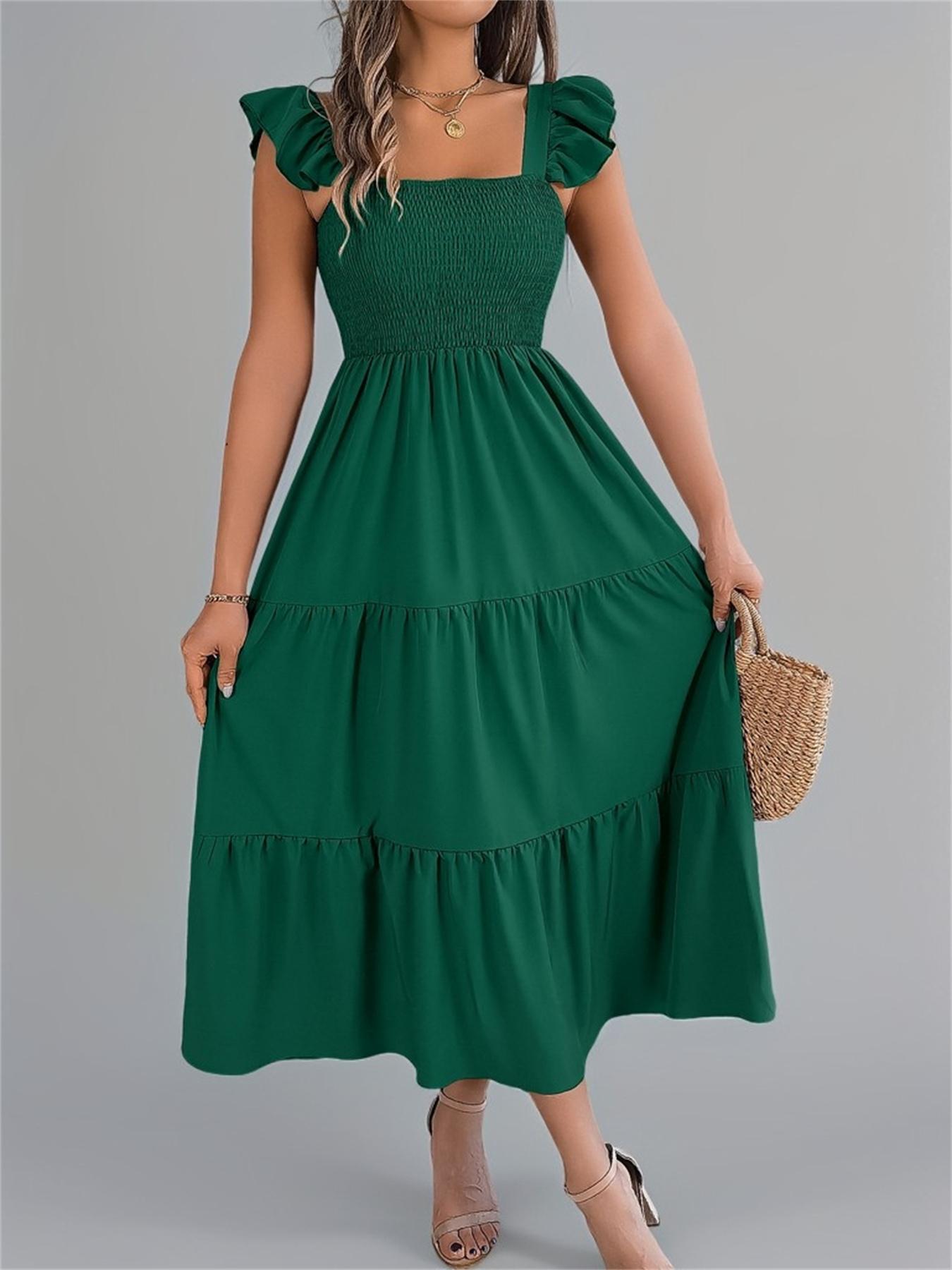 Women's Plain Shirred Dress, Casual Sleeveless Square Neck Dress for Summer, Ladies Clothes for Beach Holiday