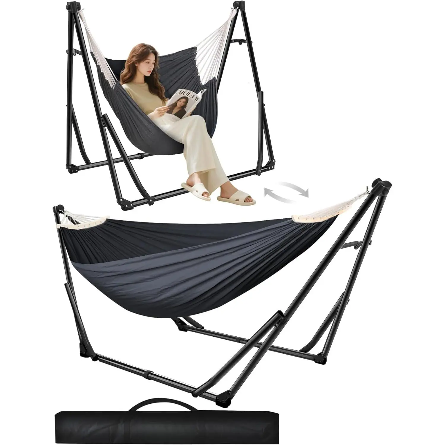 2-in-1 Cotton Weave Single Person Hammock & Swinging Chair with Collapsible Steel Stand, Adjustable Height, Tool-Free Setup, Portable Carrying Case for Outdoor Camping, Patio, Two-In-One