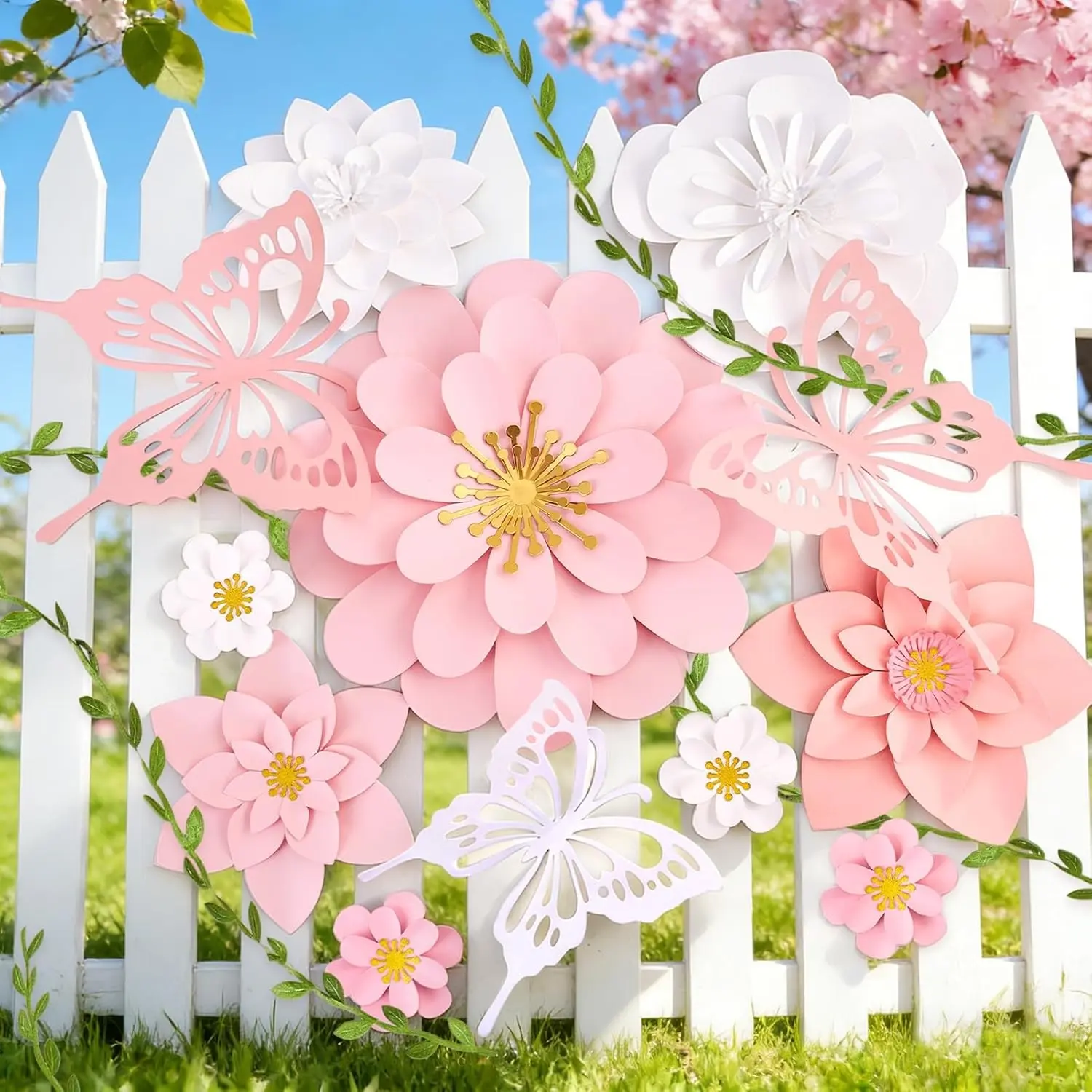 Lightweight Hanging Removable Paper Flowers Wall Decor Kit - Giant Flower Backdrop with Butterflies, Vines, Pink-White Wall Art for Floral Theme Classroom Bulletin Board, Spring Garden Party Set, Butterfly Vines, Easy Setup