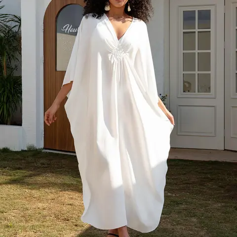 Women's Batwing Sleeve Boho Kaftan Dress, Casual Deep V Neck Long Dress for Summer, Women's Modest Clothes for Vacation Party, Caftan