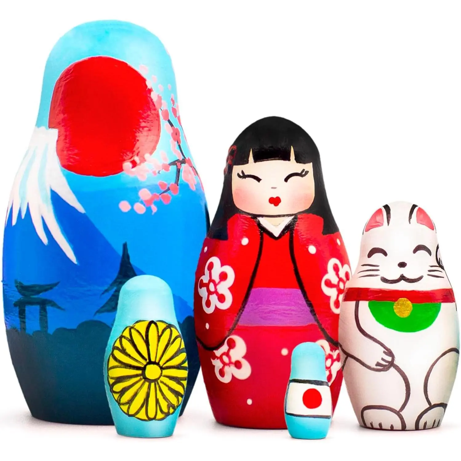 Japanese Nesting Dolls Set of 5 Pcs, Traditional Japanese Themed Decorations for Home Room Decor Featuring Maneki Neko Geisha Samurai Tanuki Sakura