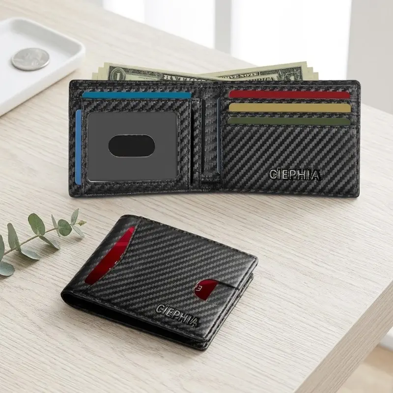 Men's slim PU bifold wallet featuring RFID-blocking technology and a minimalist front-pocket design; offers high-capacity credit card storage while remaining lightweight and thin—an ideal birthday or Christmas gift for men