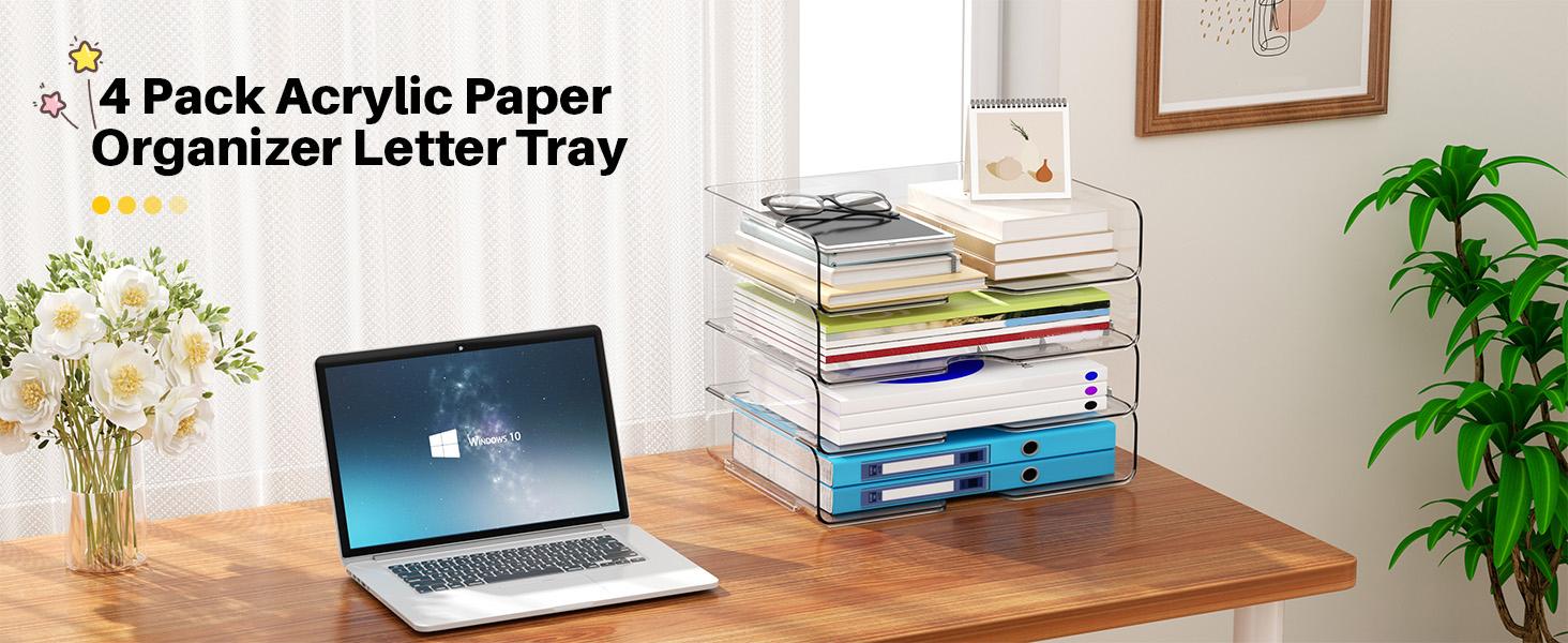 Paper Organizer Letter Tray, 4 Pack Acrylic Stackable Desk File Organizer for Files, Papers, iPads, Letters, A4 Office Files, Books, Notes, Etc