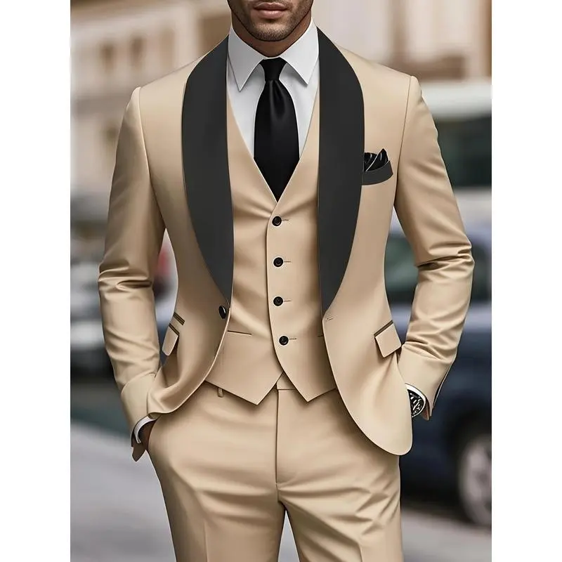 Men's 3-Piece Suit Set with Green Fruit Collar, Suit Pants, Formal Tie, Vest, Perfect for Wedding, Work Uniform, Great Holiday Gift