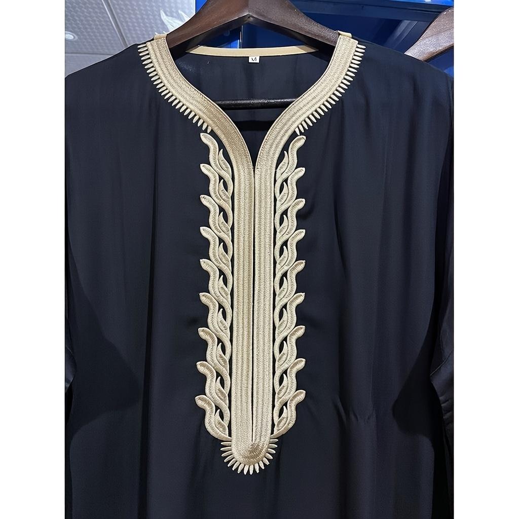 Men Islamic Robe Muslim Kaftan Half Sleeve V Neck Vintage Casual Dubai Saudi Arabia Men Clothing Embroidery Jubba Thobe