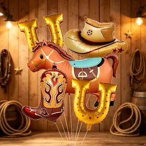 7 piece Western Cowboy Theme Balloon Set, Includes Horse Foil, Horseshoe, Boots, Hat, Perfect for Birthday Parties, Baby Baptism, Farm Decor，Ranch-style countryside birthday celebration, American retro bachelor/bachelorette party