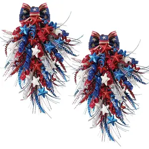 2 Pcs Red White and Blue Glitter Patriotic Swag with Stars & Double Bow Sparkling 4th of July Memorial Day Front Door Hanging Decor