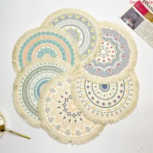 Boho Woven Cotton Round Placemat with Tassel Fringe, durable heat-insulated anti-scald fabric coaster set, rustic Nordic home kitchen table decor for daily dining, holiday dinner parties and farmhouse tabletop styling