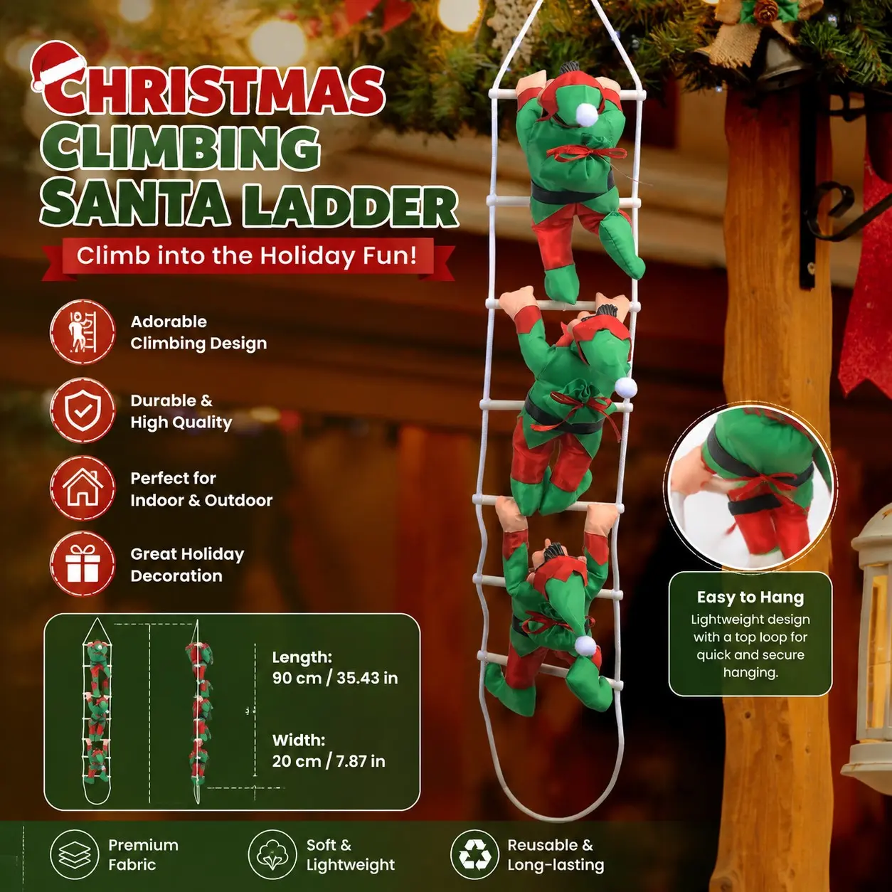 Climbing Elf Christmas Tree Ornament, Cute Elf Climbing Ladder Decor, Creative Gift for Kids Room Living Room, Holiday Home Decoration
