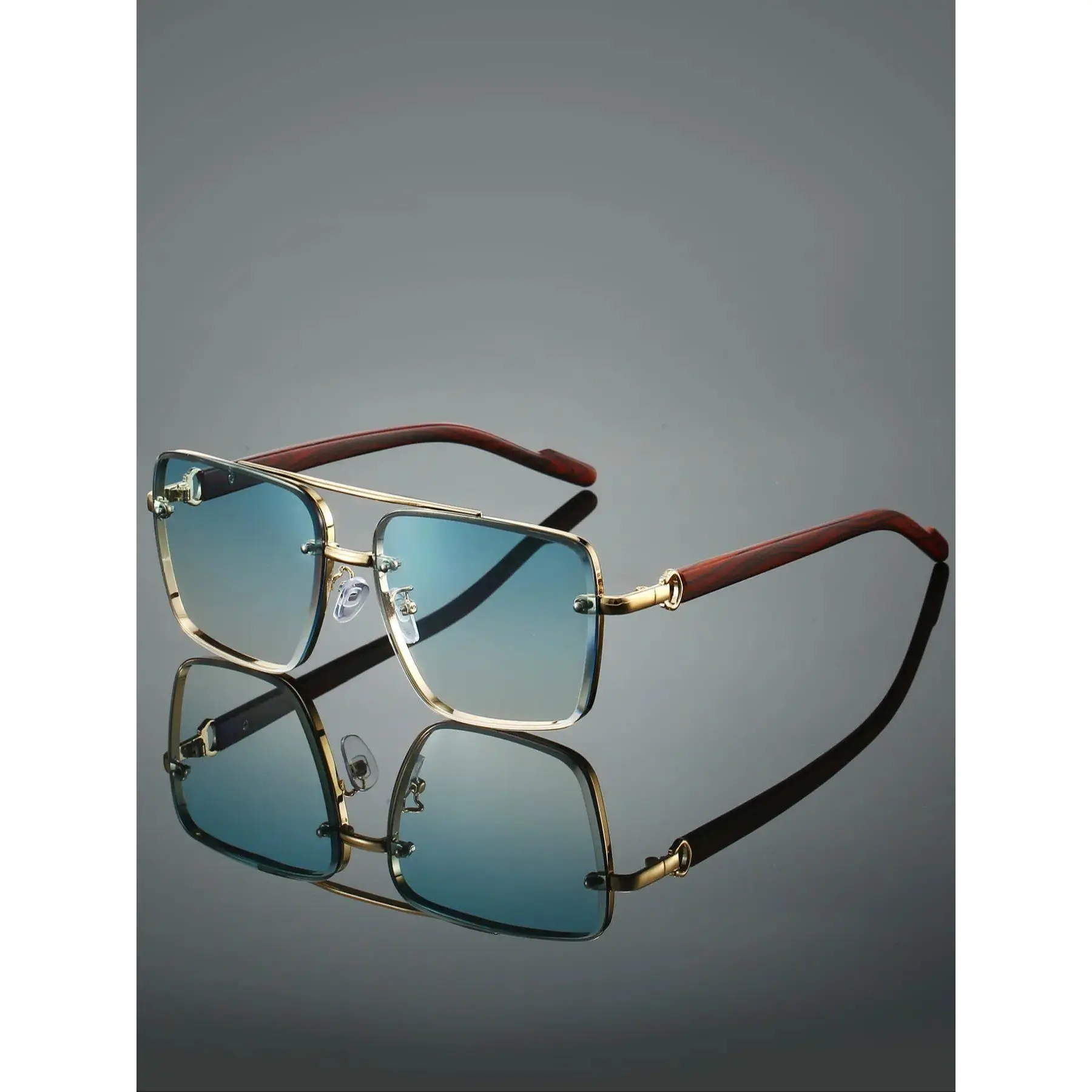 Men's Retro Square Eyeglasses, Gold-Toned Metal Statement Frame with Faux Wood Temples, Dual Bridge Non-Prescription Fashion Eyewear, Statement Frame Glasses, Square Shape, Retro Look, Gold-Toned Men's Frames