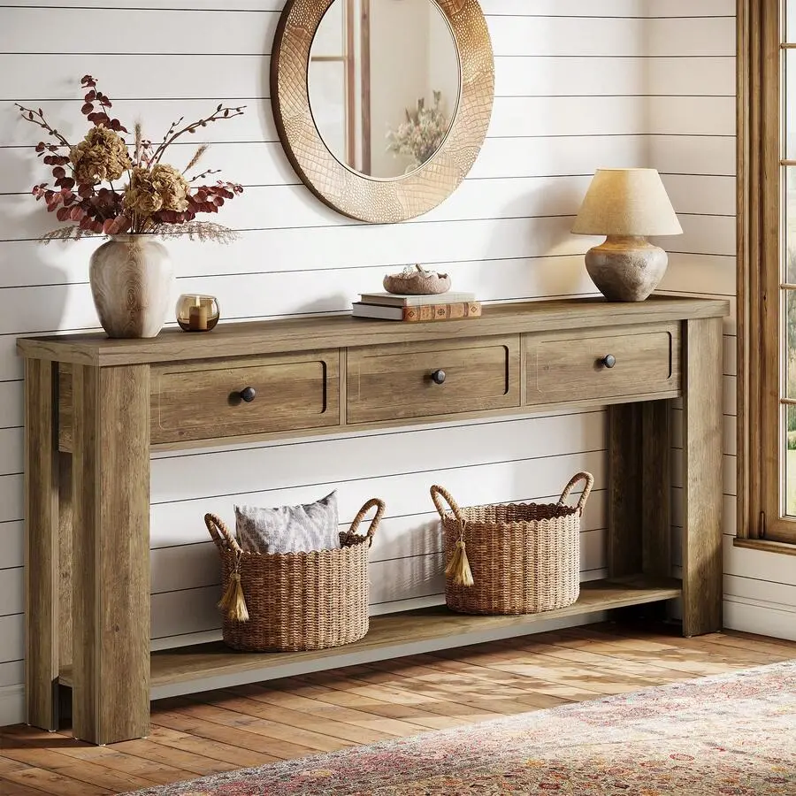 70.9-Inch Console Table With 3 Drawers And Open Storage Shelf, Extra Long Narrow Entryway Sofa Tables Living Room, Farmhouse Wood Behind Couch Accent Furniture Hallway Foyer Entrance, Brown
