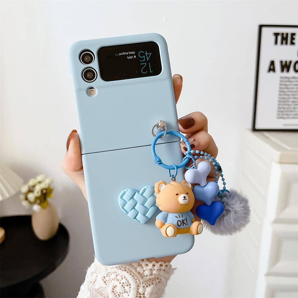For Galaxy Z Flip6 Cartoon Bear Plush Heart Folding Case for Samsung Z Flip7 Zflip5 Z Flip 3 4 5 6 7 Slim Cover with Lanyard