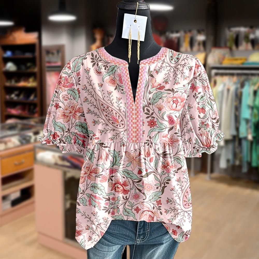 Embroidery Vintgae Floral Print Puff Sleeve Top Bohemian Womenswear Blouse Casual cute tops going tops women's summer outfits cute summer outfit Checkered Fluffy Ruffled flowy tops casual summer tops boho plus size tops Paisley Shirts Outdoorf