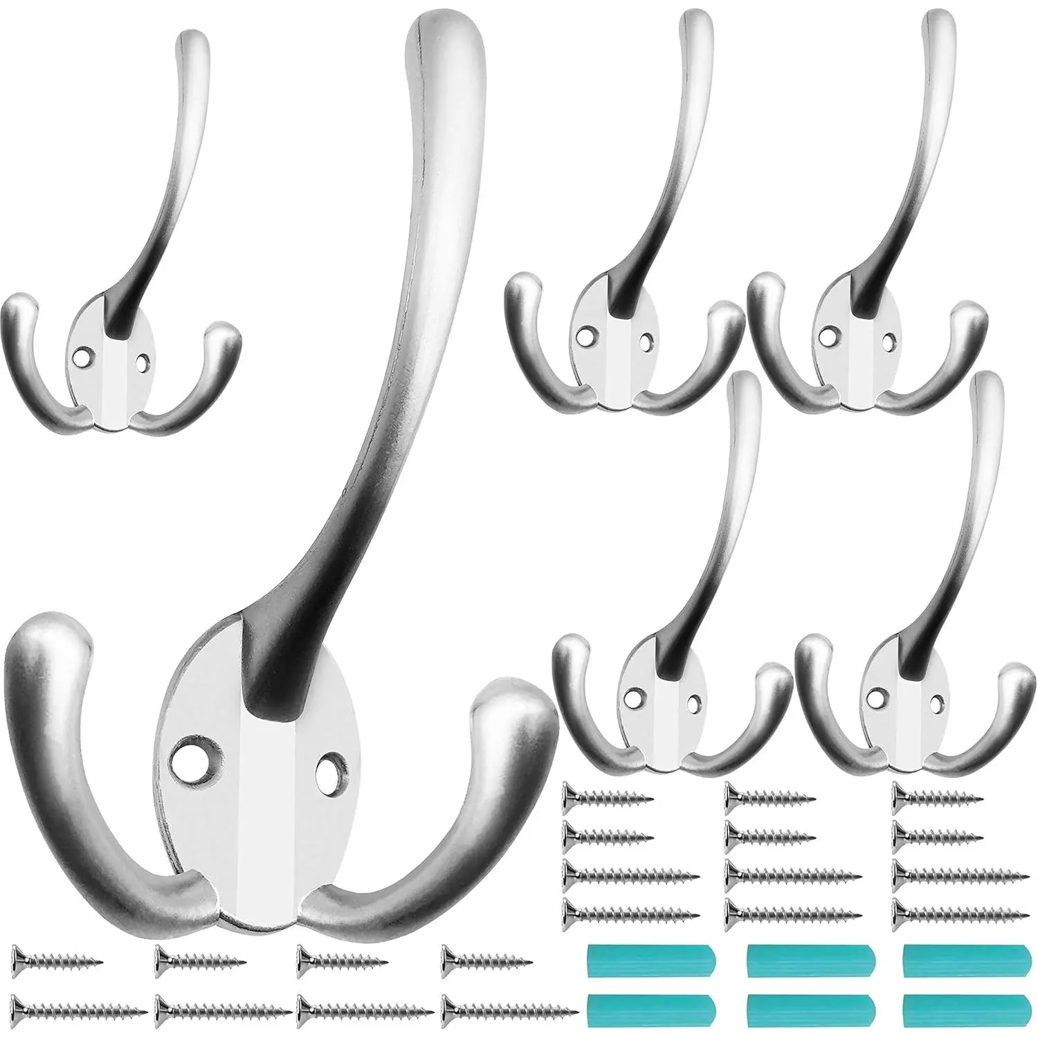 6 Pack Big Heavy Duty Three Prongs Coat Hooks Wall Mounted with 24 Screws (Two Types of Screws Included) Retro Double Utility Rustic Hooks for Thick Coat, Big Heavy Bags (Matte Nickel)
