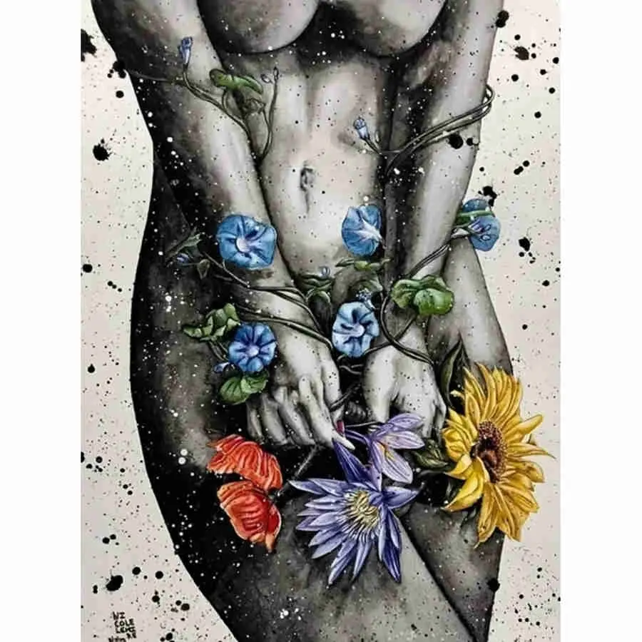 5D DIY Diamond Painting Woman Body Wrapped With Various Flowers Abstract Figure Floral Art Full Round Drill Diamond Embroidery Cross Stitch Rhinestone Mosaic Handmade Wall Art Decor Gift for Home Decor