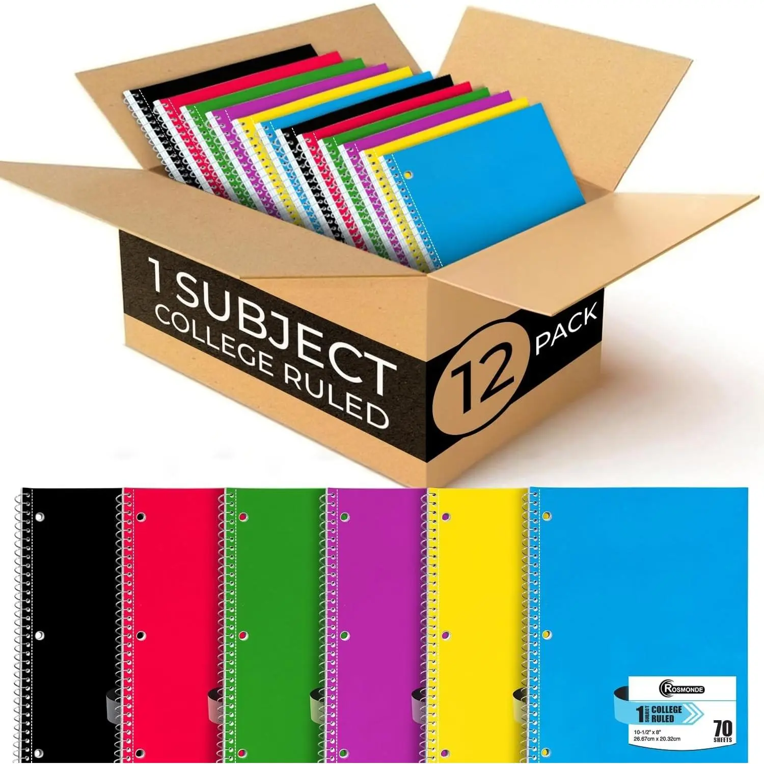 Rosmonde Spiral Notebook, 12 Pack, 1 Subject, College Ruled, 70 Sheets