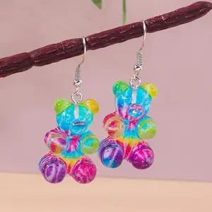 Aihua New Cute Big Gradient Resin Bear Earrings for Women Girls Cartoon 3D Candy Color Gummy Bear Earrings Sweet Jewelry Gifts