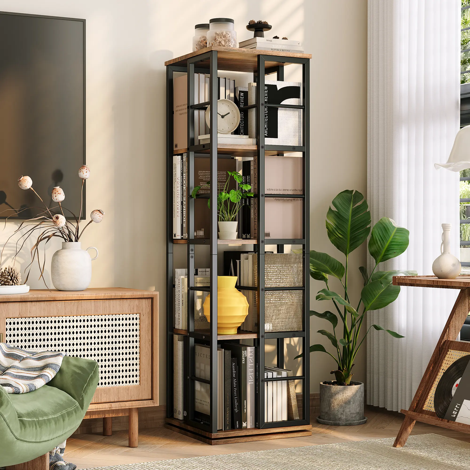 Garvee 4-Tier Rotating Bookshelf Tower, 54" Tall 360° Swivel Spinning Corner Bookcase - Industrial Metal Frame - Slim Space-Saving Vertical Storage & Display Shelf for Office, Living Room, Bedroom