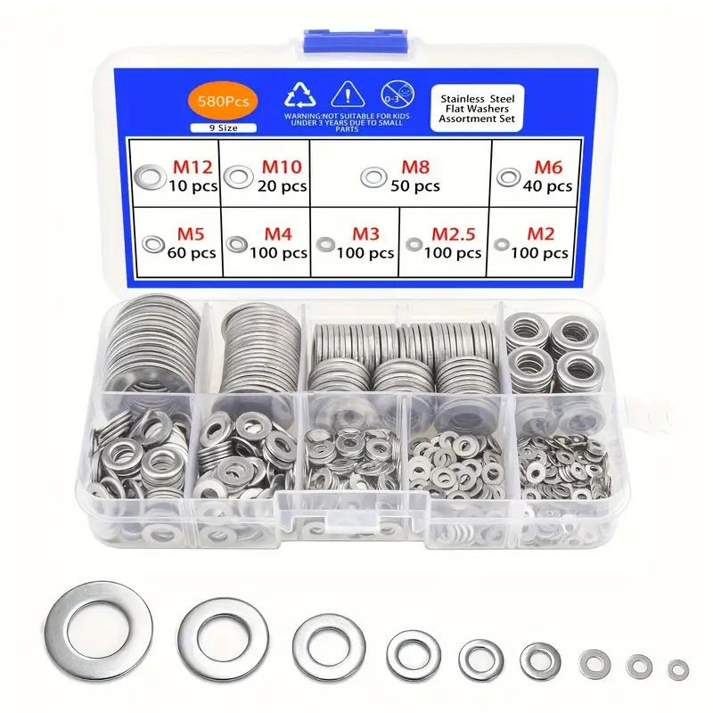 80-580pcs Stainless Steel Flat Washers Assortment Kit, M2 to M12 Sizes for Home Decoration and Outdoor Construction, Perfect for Factories and Shop Repairs