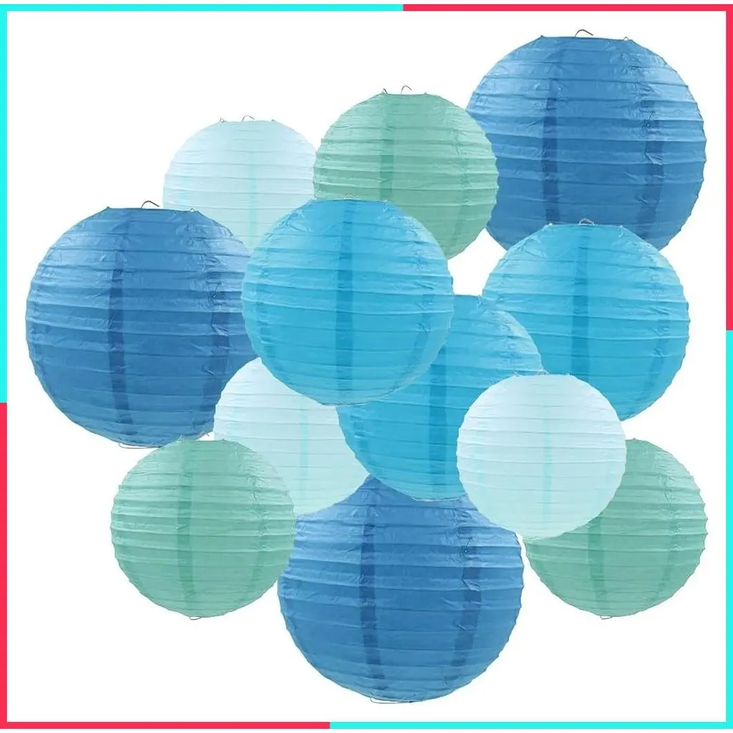 Blue Paper Lanterns 12 Pcs Assorted Sizes 6" 8" 10" 12" Round Hanging Decorations for Home, Parties, and Weddings
