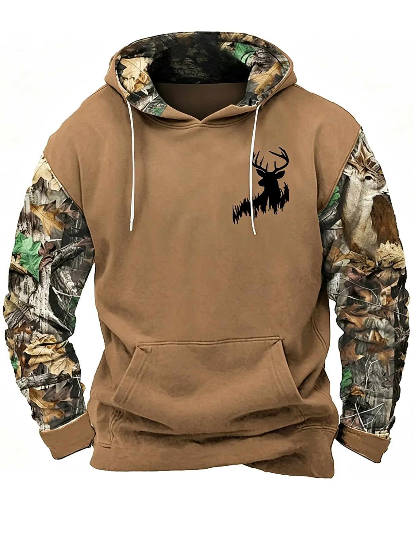 Jungle Camouflage Patchwork Sleeve Deer Silhouette Drawstring Hoodie