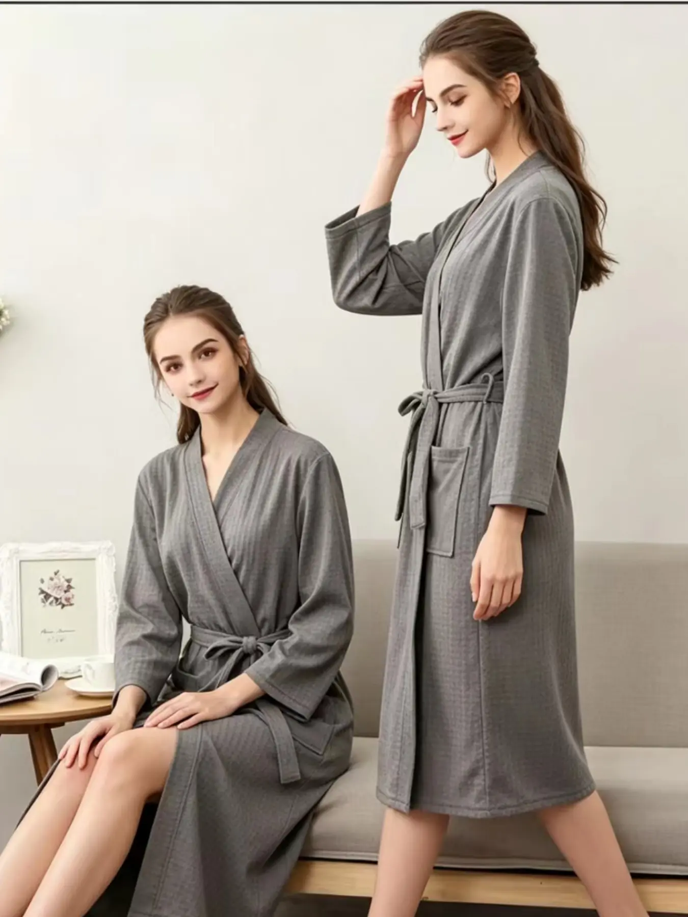 Thick Plain Waffle Pattern Women's Sleep Robe Long Sleeve, Large Size Long Bathrobe, Home Wear Loungewear Nightgown, Casual Loose-Fitting, All Seasons
