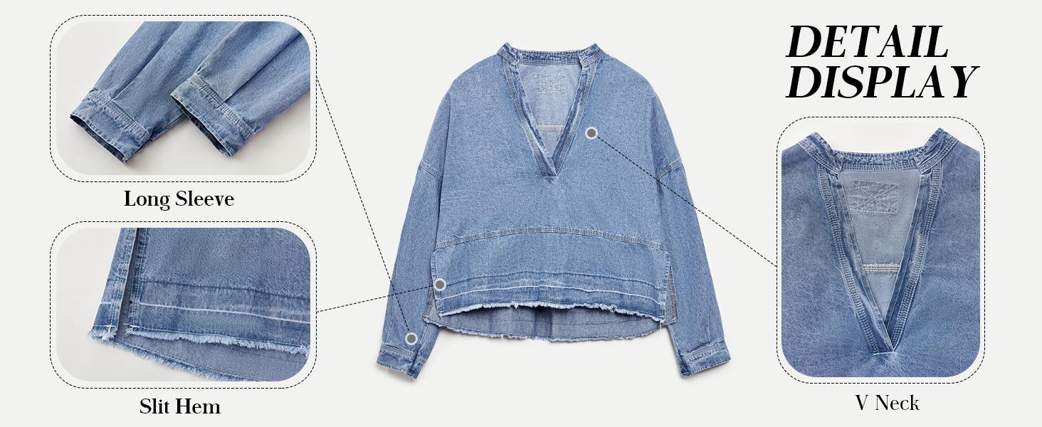 FMEYOA Womens Denim Tops Pullover Trendy Casual V Neck Loose Fit Puff Sleeve Jean Cotton Shirts FMEYOA Womens Denim Tops Pullover Trendy Casual V Neck Loose Fit Puff Sleeve Jean Cotton Shirts