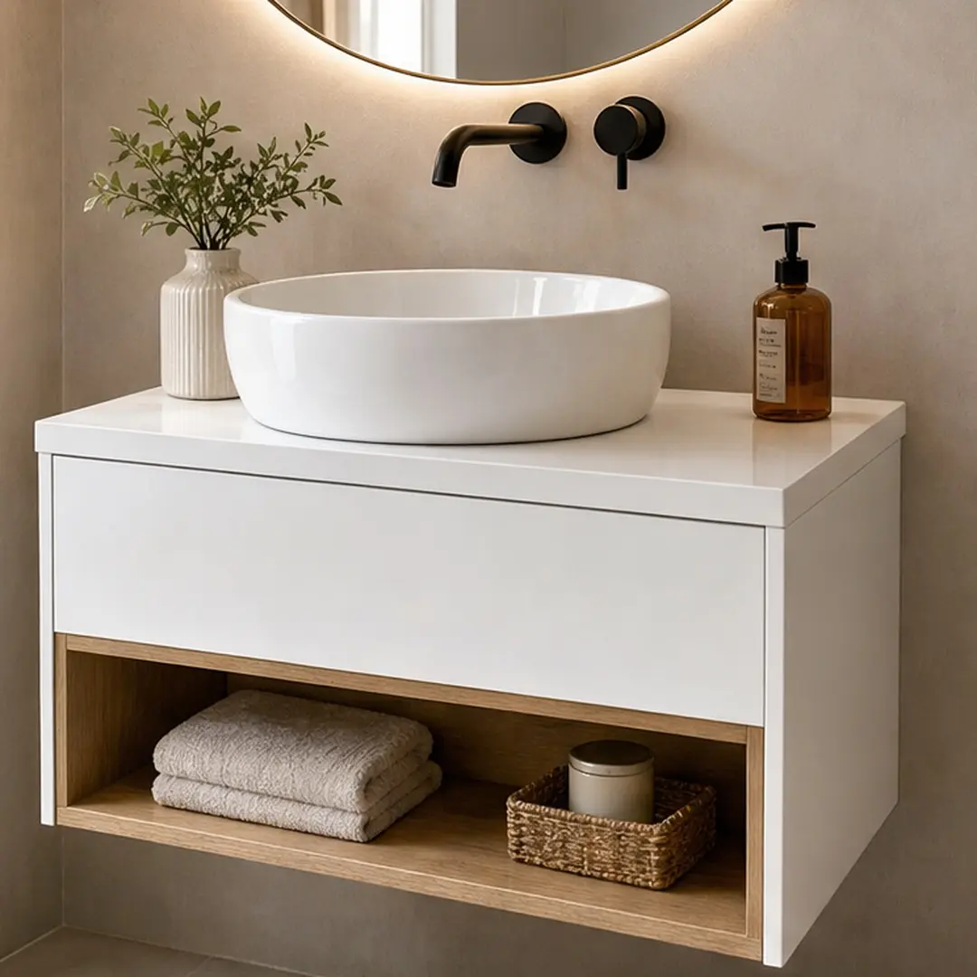ARCH 24-Inch Floating Bathroom Vanity with Glossy White Round Vessel Sink, Wall-Mounted Cabinet with Open Shelf Storage, White and Light Oak Finish, Durable Plywood Construction, Space-Saving Modern Design for Small Bathrooms and Powder Rooms