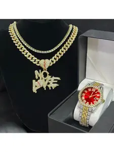 Unisex 14k Crystal Watch & Necklace Set, Analog Round Dial, Hardlex Glass, Casual Style, All Seasons Wear