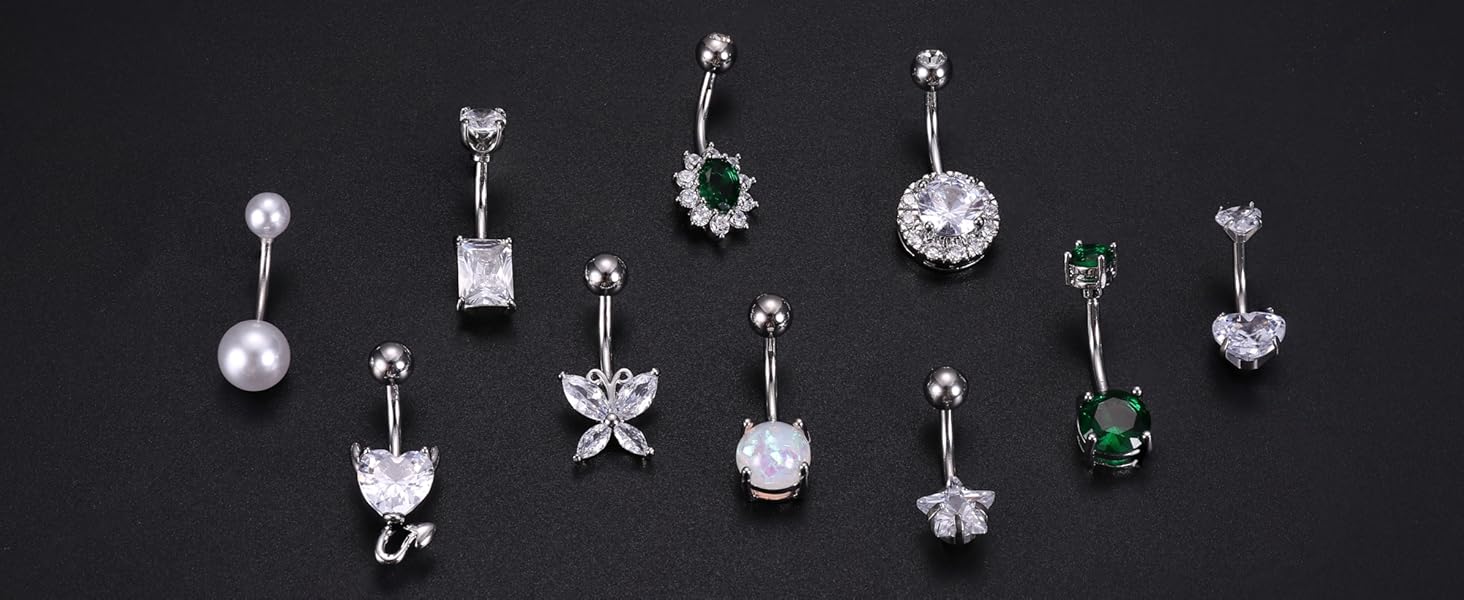 ZELORES 9PCS Surgical Stainless Steel Hypoallergenic Belly Button Rings with Extra Replacement Balls, Trendy Dangle Belly Button Piercing Jewelry for Women, 14G - Silver/Gold/Rose Gold