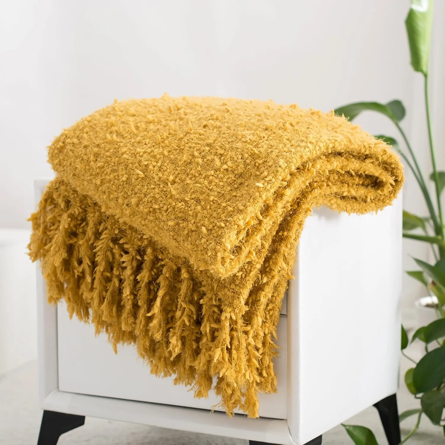 Winter Knit Throw Blanket  Fuzzy Soft Lightweight Cozy  Tassels Chunky Knitted Throws for Couch Sofa Bed (Mustard Yellow, 60"x80")