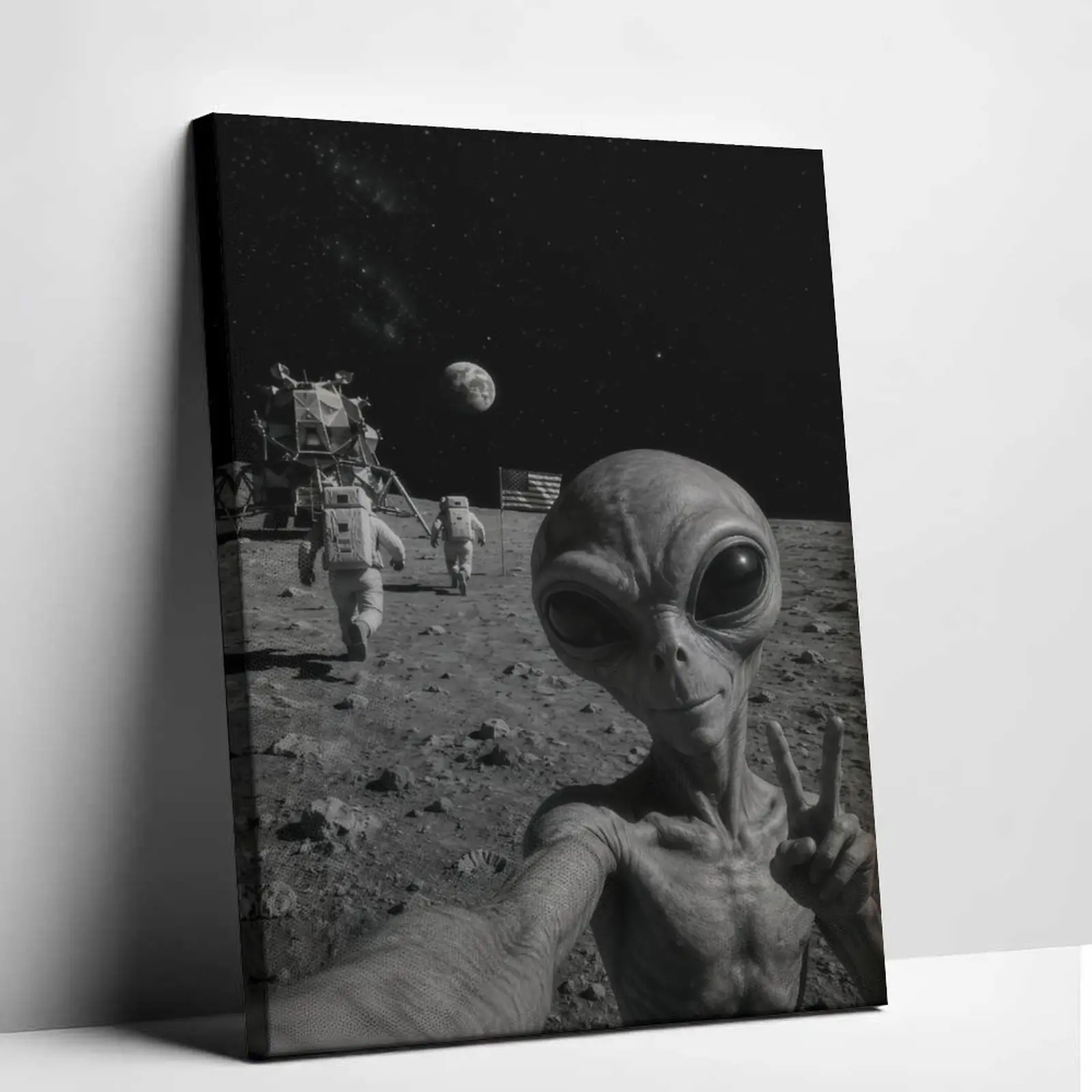 Alien Selfie on the Moon Wall Art, Funny UFO Space Print, Retro Sci-Fi Decor, Astronaut Comedy Painting, Space Room Decor, Man Cave Art, Gaming Room Decor, Cosmic Poster, Gift for Space Lovers