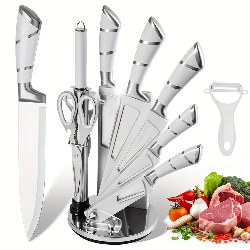 9pcs Kitchen Knives Set with Acrylic Stand Professional Chef, Bread, Cleaver, Paring, Utility Knife And Scissors Sharpener Peeler Stainless Steel Ultra Sharp Non-stick Ergonomic Handle for Cutting Meat Slicing Chopping Vegetable#DealsForYouDays